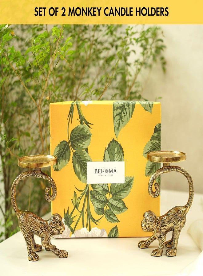 BEHOMA Metal Monkey Pillar Candle Holder Gift Hamper, Festive Gifting Showpiece for Birthday, Housewarming, Anniversary (Set of 2), Gold - Image 3
